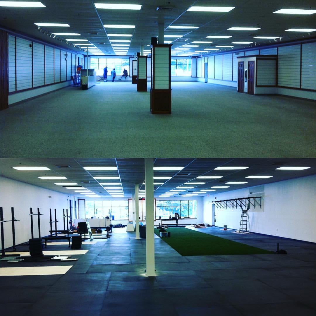 The empty kids' clothing store in 2012, and the same room as a gym.