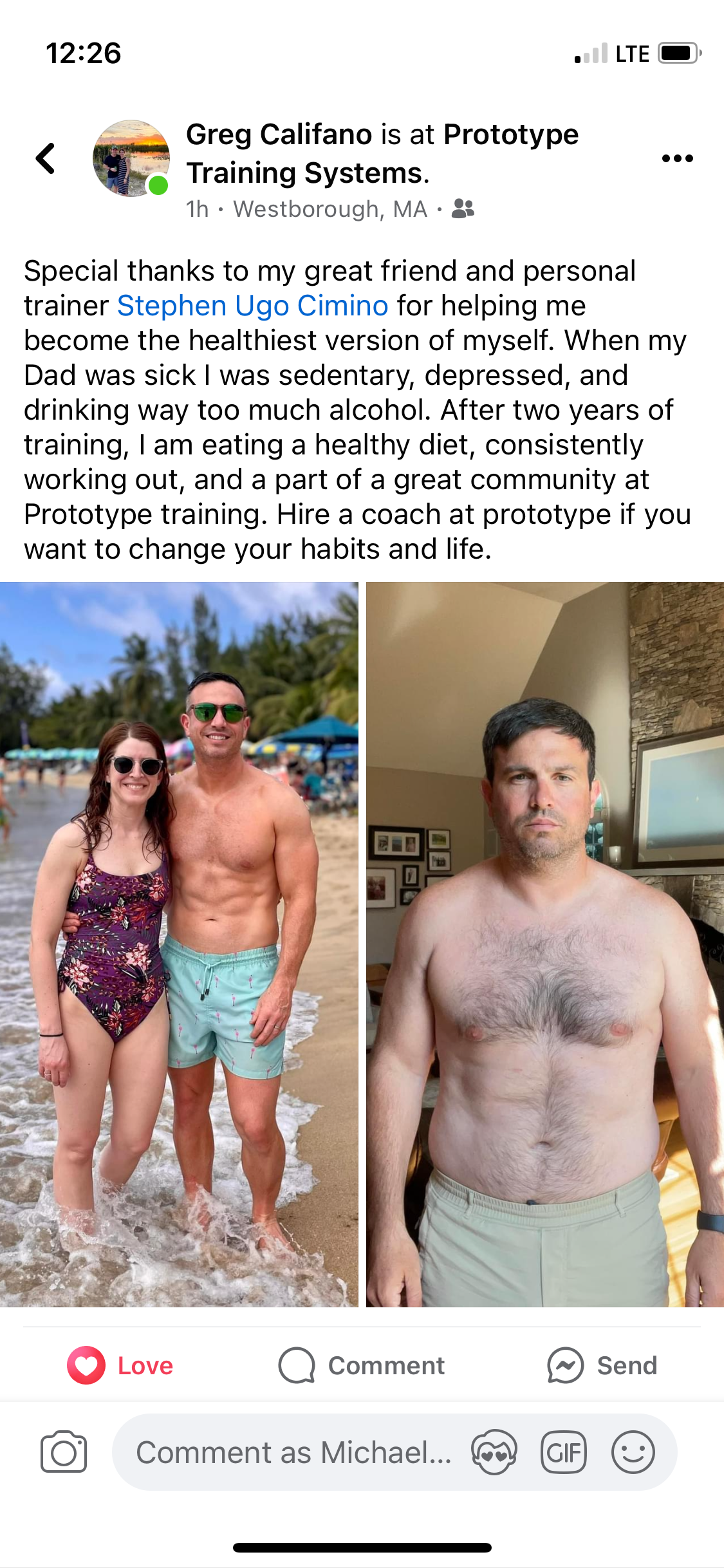 Greg Califano transformation, before and after training at Prototype