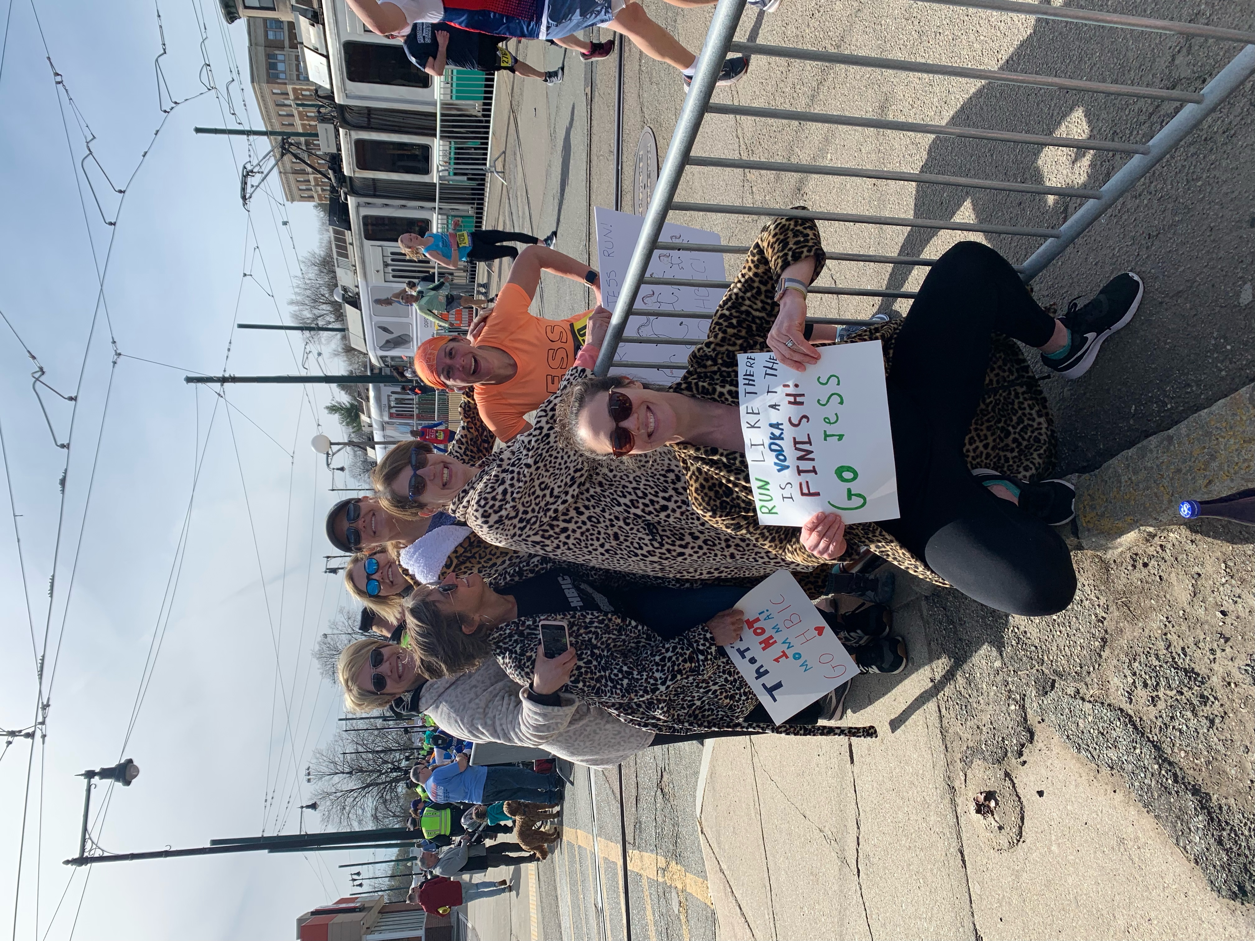 Liz and Prototype members cheering on Jess at the Boston Marathon.