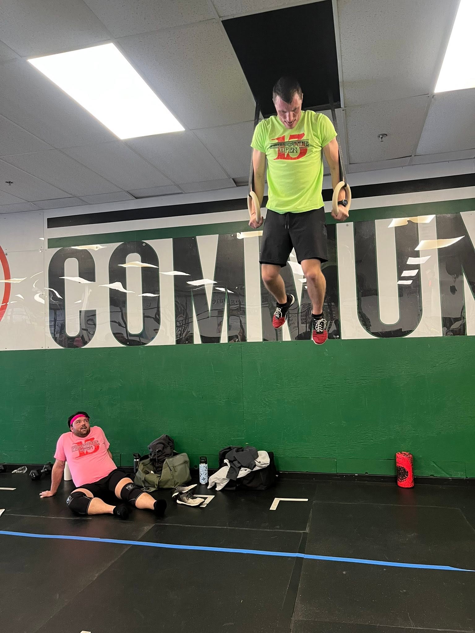 Ed Matatall performing muscle-ups for the first time during the 2026 Open at Prototype Training Systems